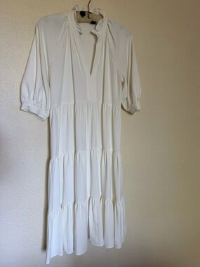 Amanda Uprichard White Tiered Midi Dress | Puff Sleeve V-Neck | Size M LIKE NEW